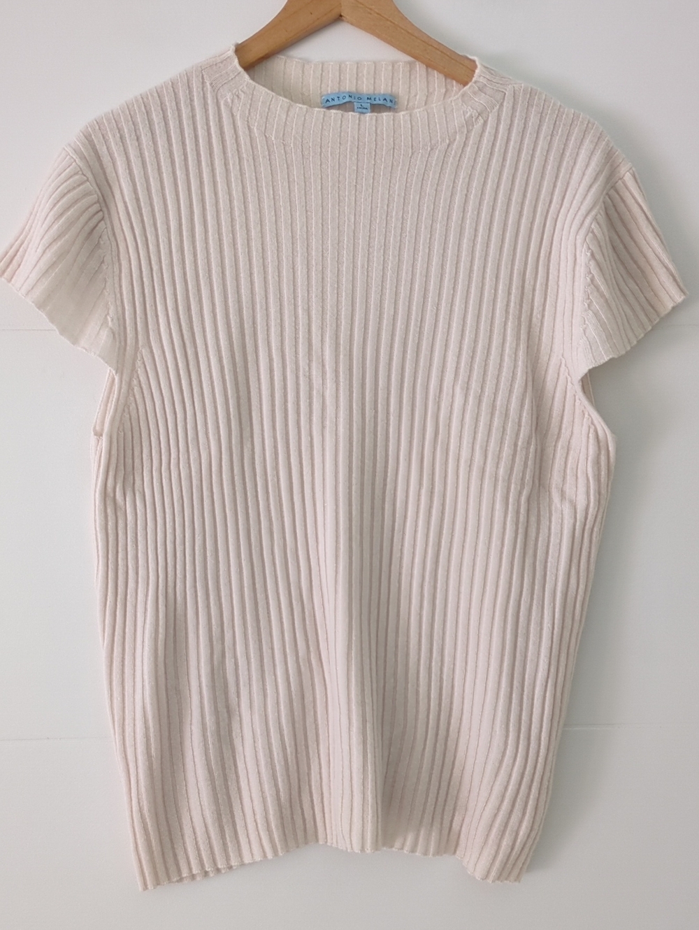 Antonio Melani Cream Ribbed Cashmere Cap Short-Sleeve Knit Top Sweater Sz L